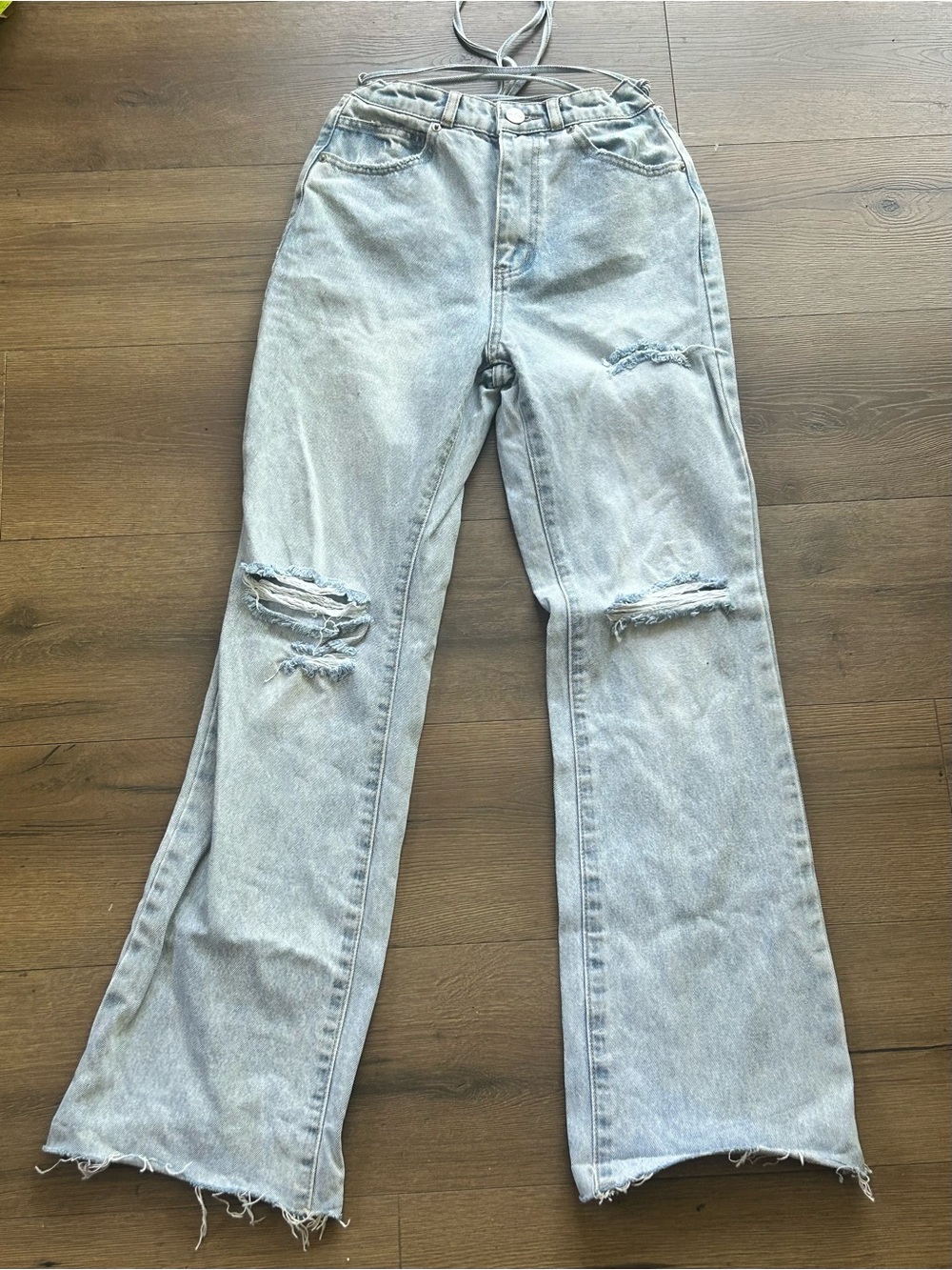 Oh Polly Washed Light Blue Distressed Wide-Leg Jeans